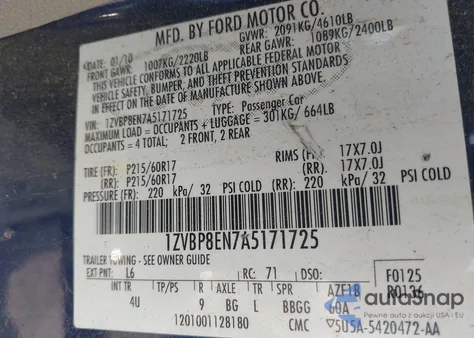 2010 Ford Mustang V6/V6 Premium из США, поврежденный, VIN 1ZVBP8EN7A5171725